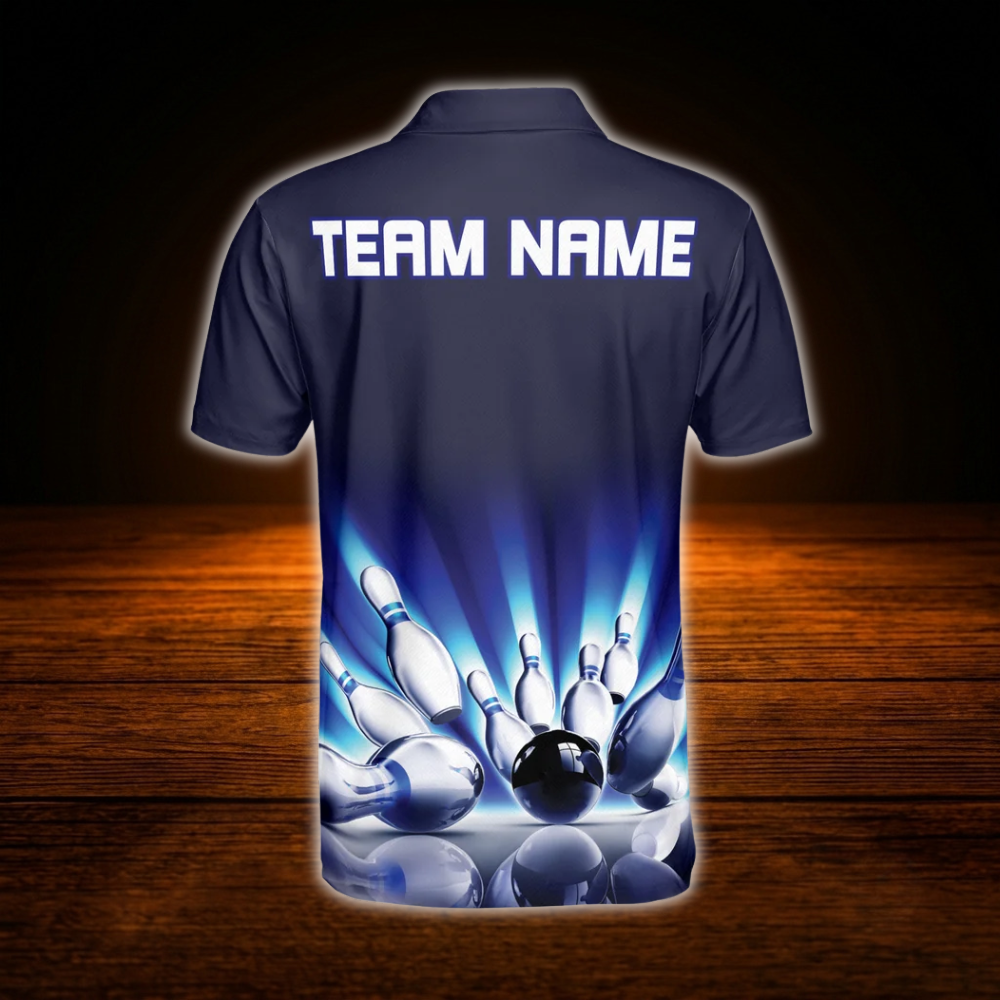 Custom Team Blue Bowling Polo Shirts Mens, Custom Bowling Team Shirt