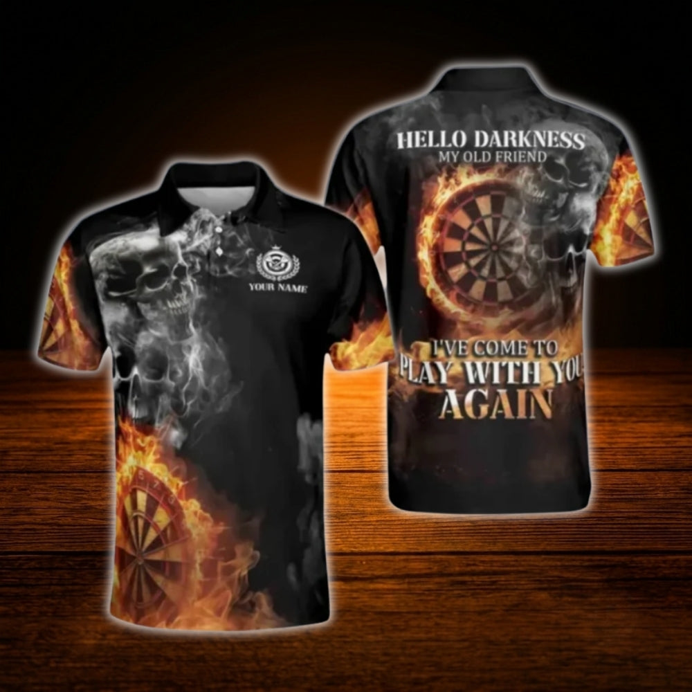 Hello Darkness My Old Friend I've Come To Play With You Again Custom Skull Flame Darts Polo Shirt, Custom Funny Skull Dart Shirt