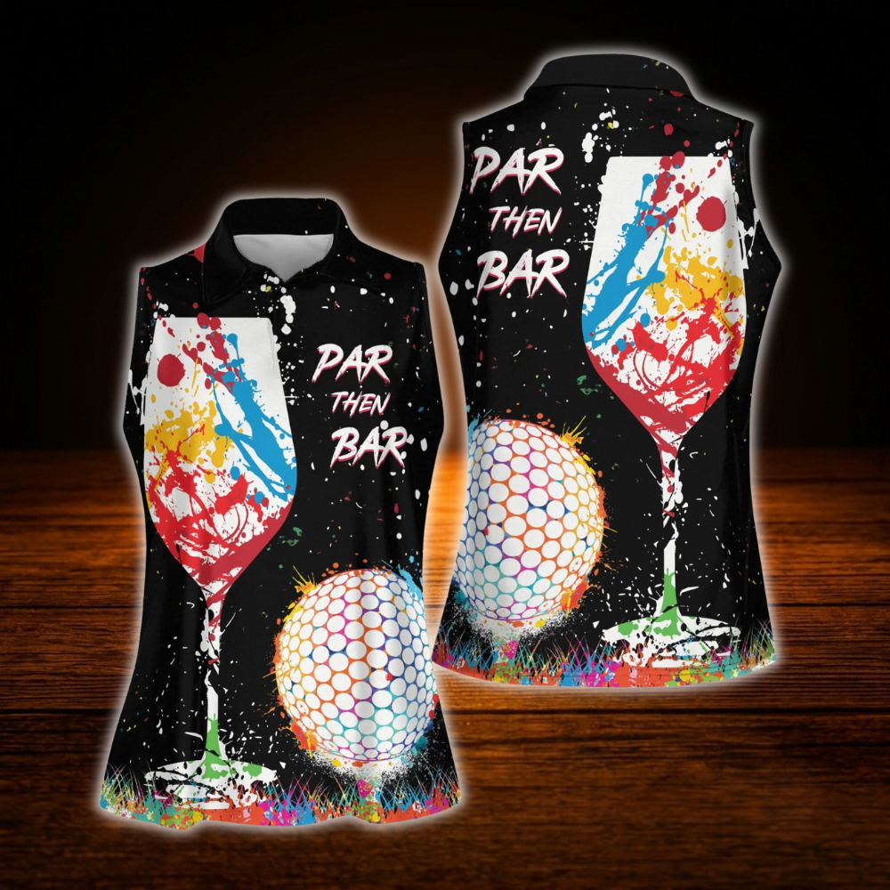 Par Then Bar  Wine Women's Black Sleeveless Golf Shirt, Wine Golf Shirt For Ladies