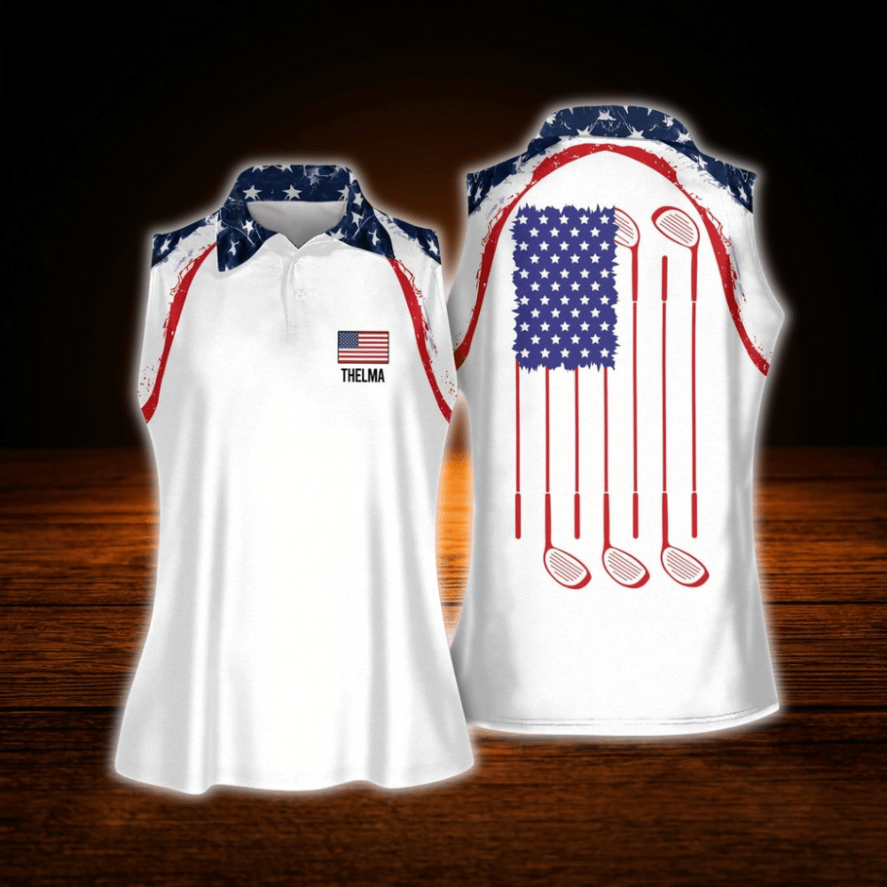 Custom Women's Red White And Blue American Flag Sleeveless Golf Shirt, Custom  Ladies Patriotic Golf Shirts