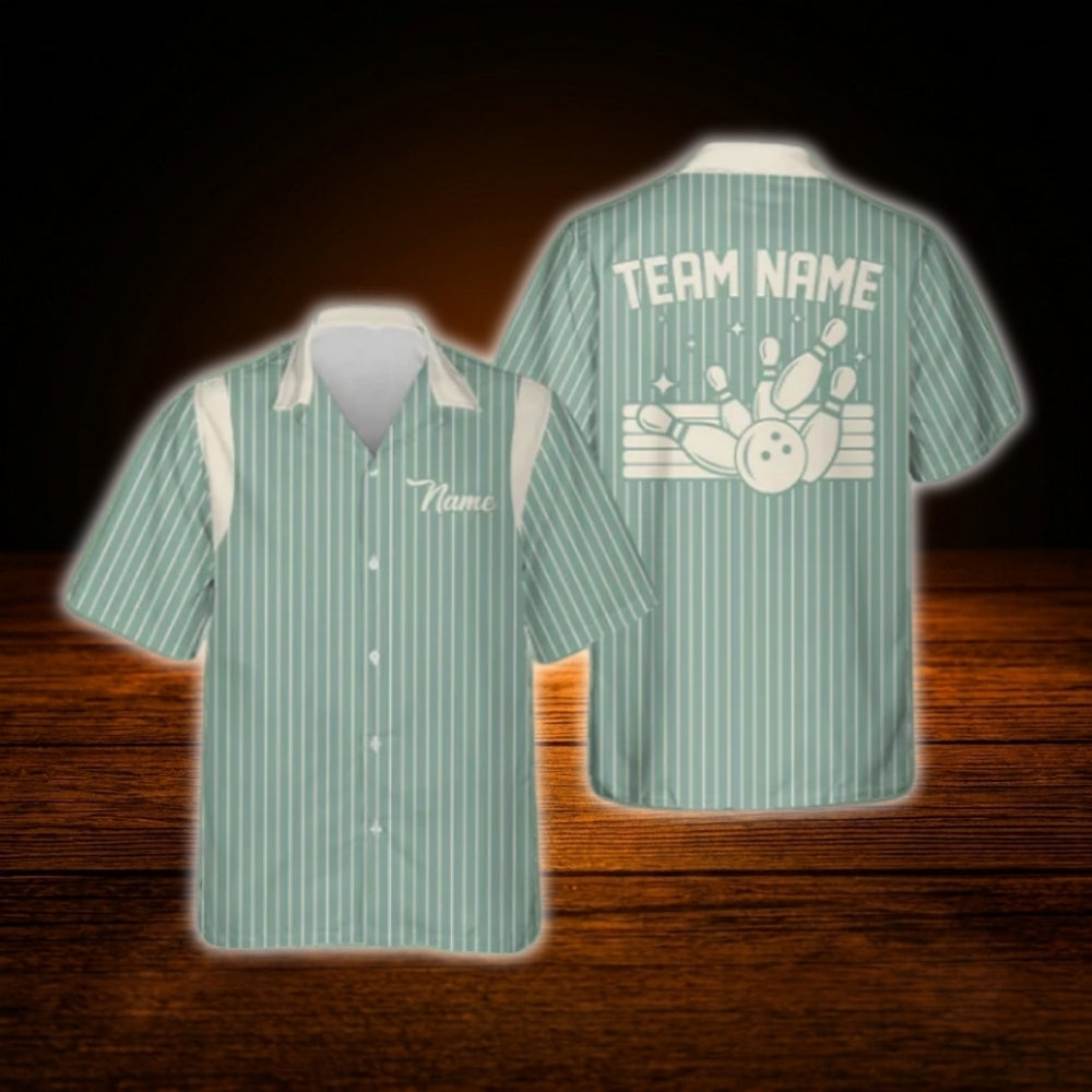Custom Team Mint Striped Bowling Hawaiian Shirt, Custom Bowling Team Shirt