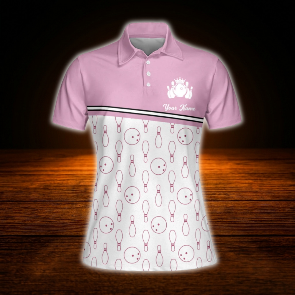 Queen Of The Lanes Custom Pink White Womens Bowling Polo Shirt, Custom Funny Ladies Bowling Shirt For Team
