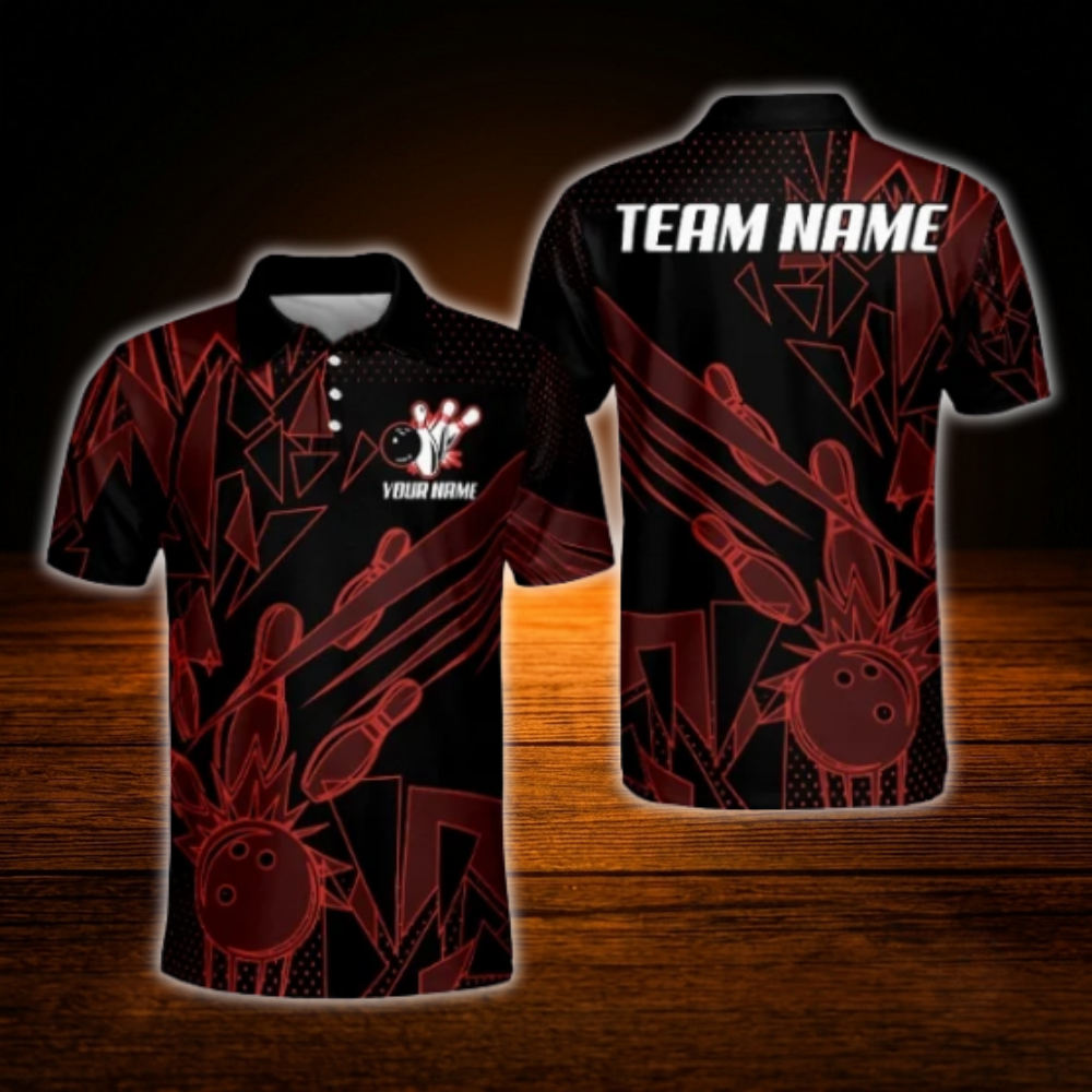 Custom Team Red Black Geometric Bowling Polo Shirt, Custom Bowling Shirt For Men
