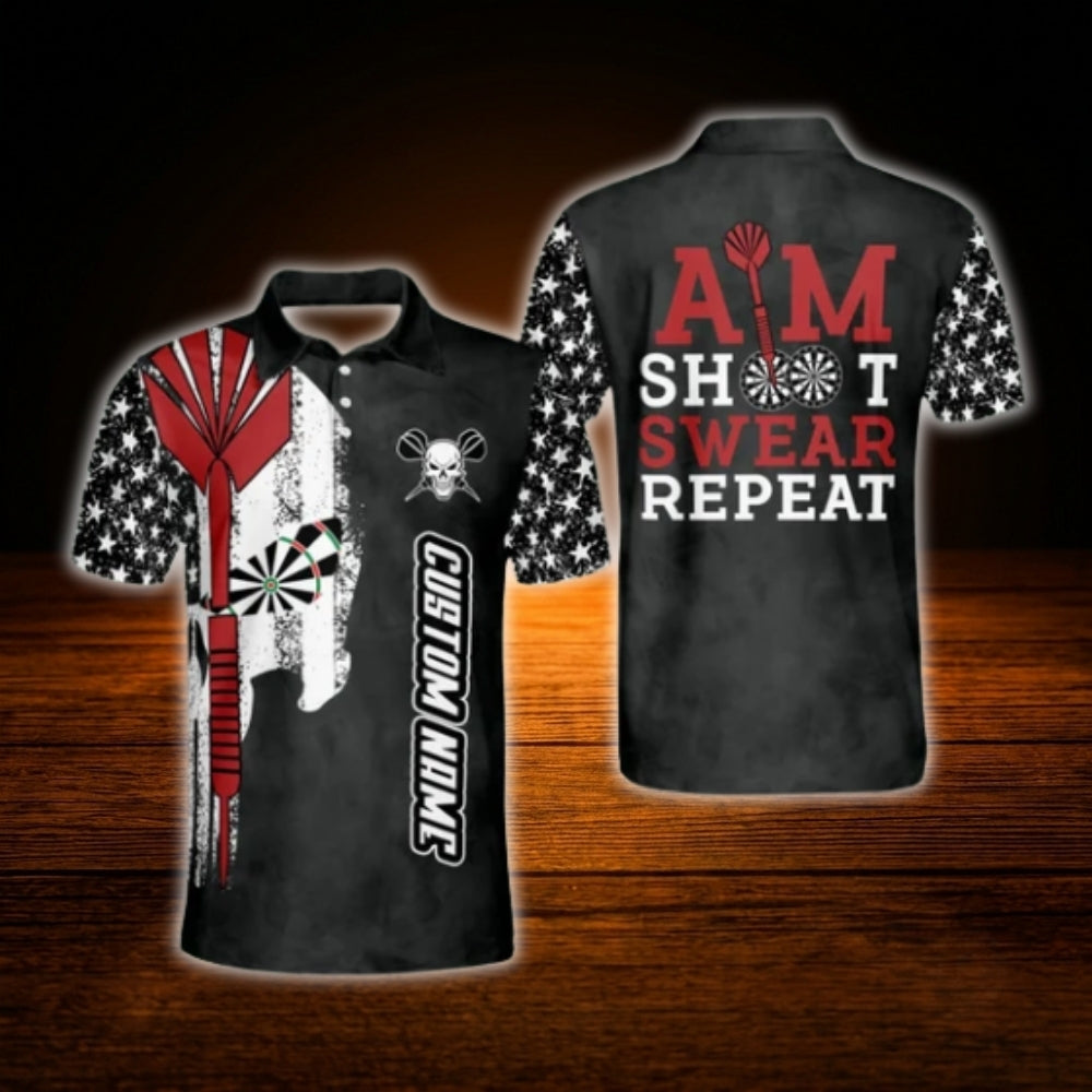 Aim Shoot Swear Repeat Custom Skull Dart Polo Shirt For Men, Custm Funny Darts Shirt