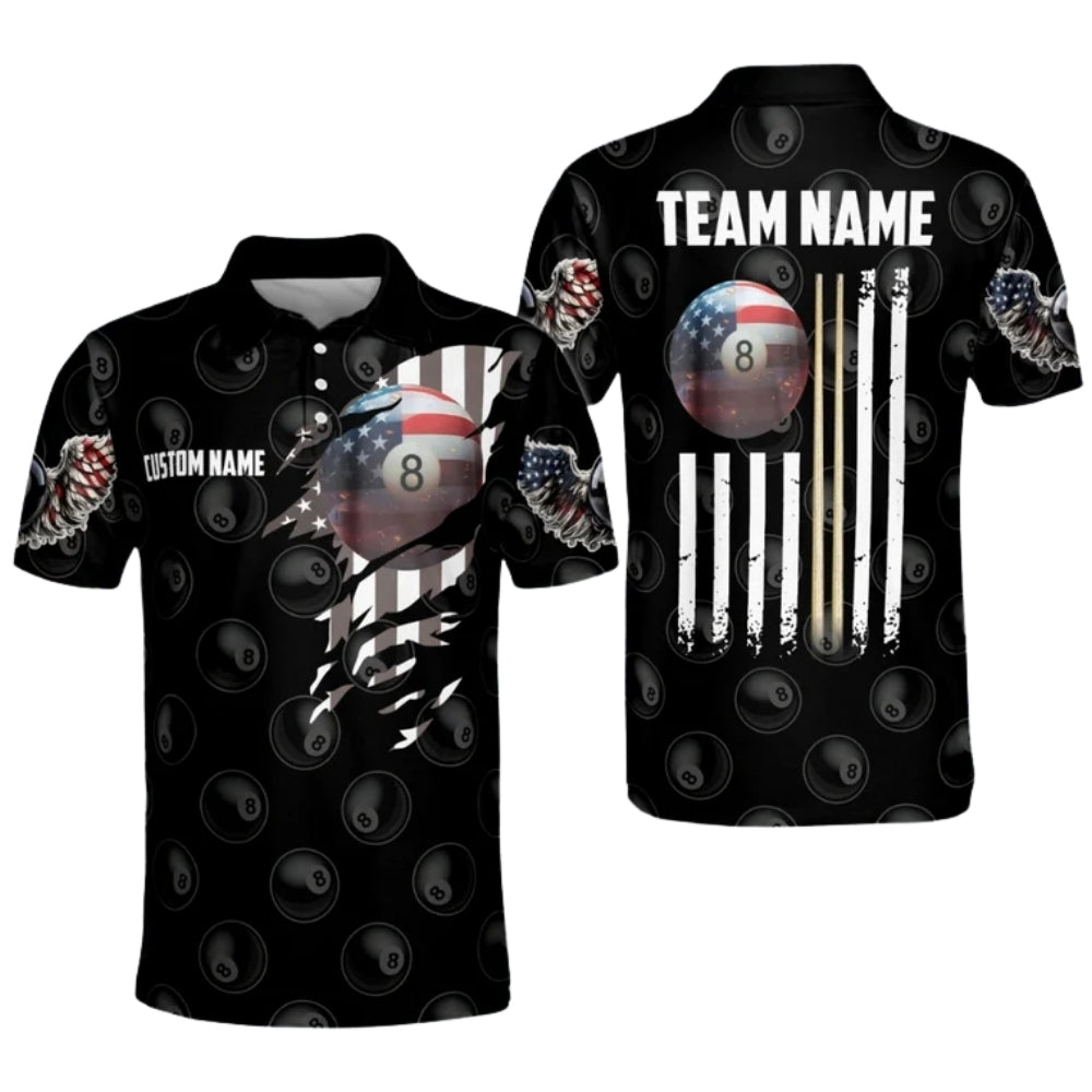 Custom American Flag 8 Ball Polo Shirt For Men, Custom Patriotic Billiard Team Shirts BIZ0001