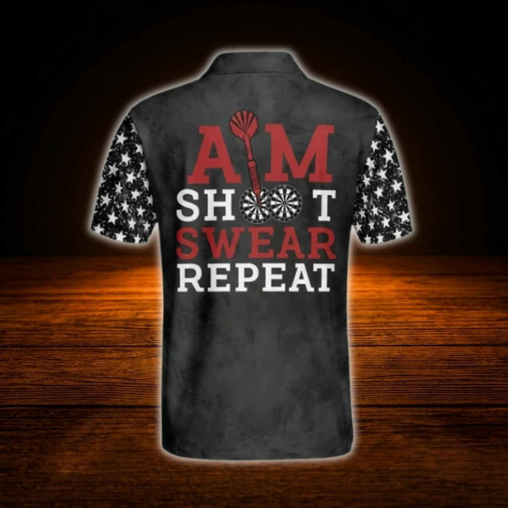 Aim Shoot Swear Repeat Custom Skull Dart Polo Shirt For Men, Custm Funny Darts Shirt