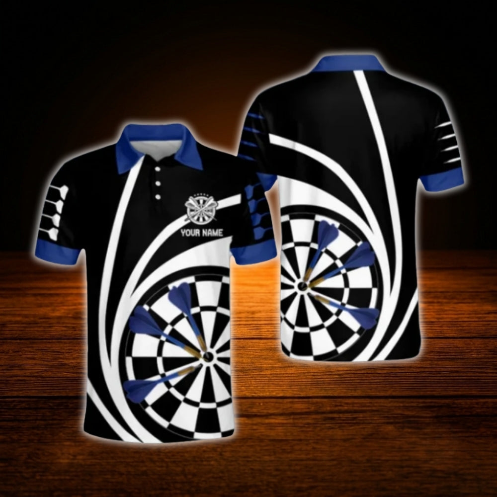 Custom Name Darts Men Polo Blue Black White, Custom Darts Shirt