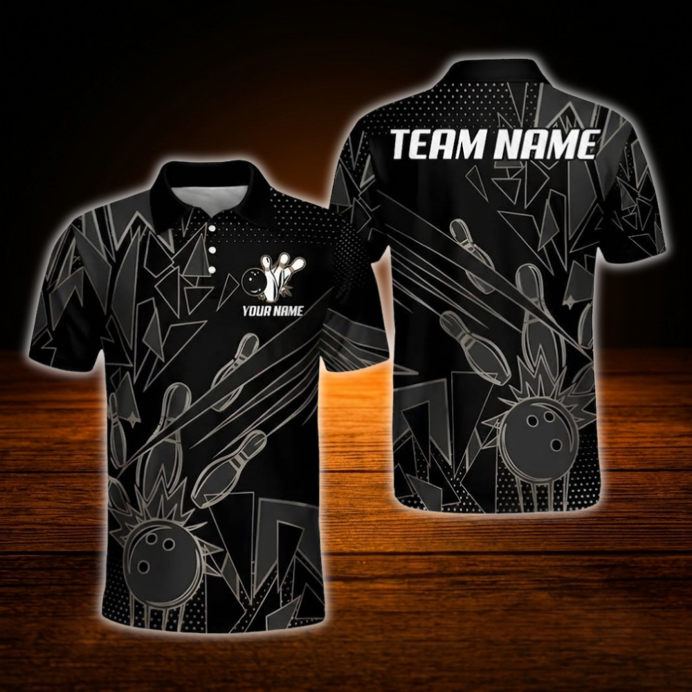 Custom Team Red Black Geometric Bowling Polo Shirt, Custom Bowling Shirt For Men
