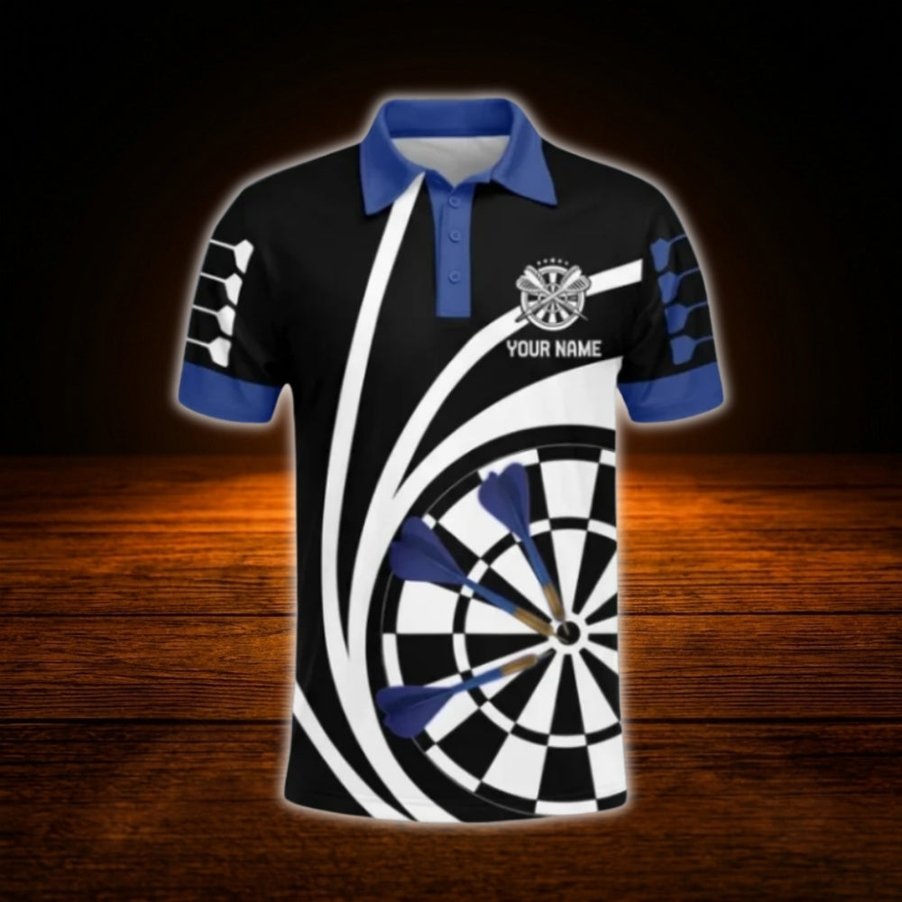 Custom Name Darts Men Polo Blue Black White, Custom Darts Shirt