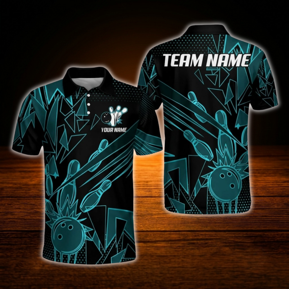 Custom Team Red Black Geometric Bowling Polo Shirt, Custom Bowling Shirt For Men