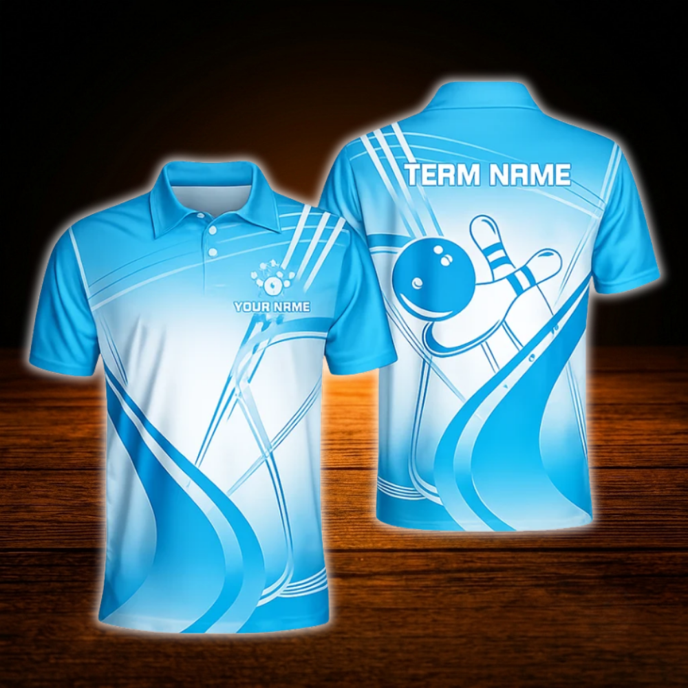 Custom Cyan Team Bowling Mens Polo Shirts, Custom Team Bowling Shirts