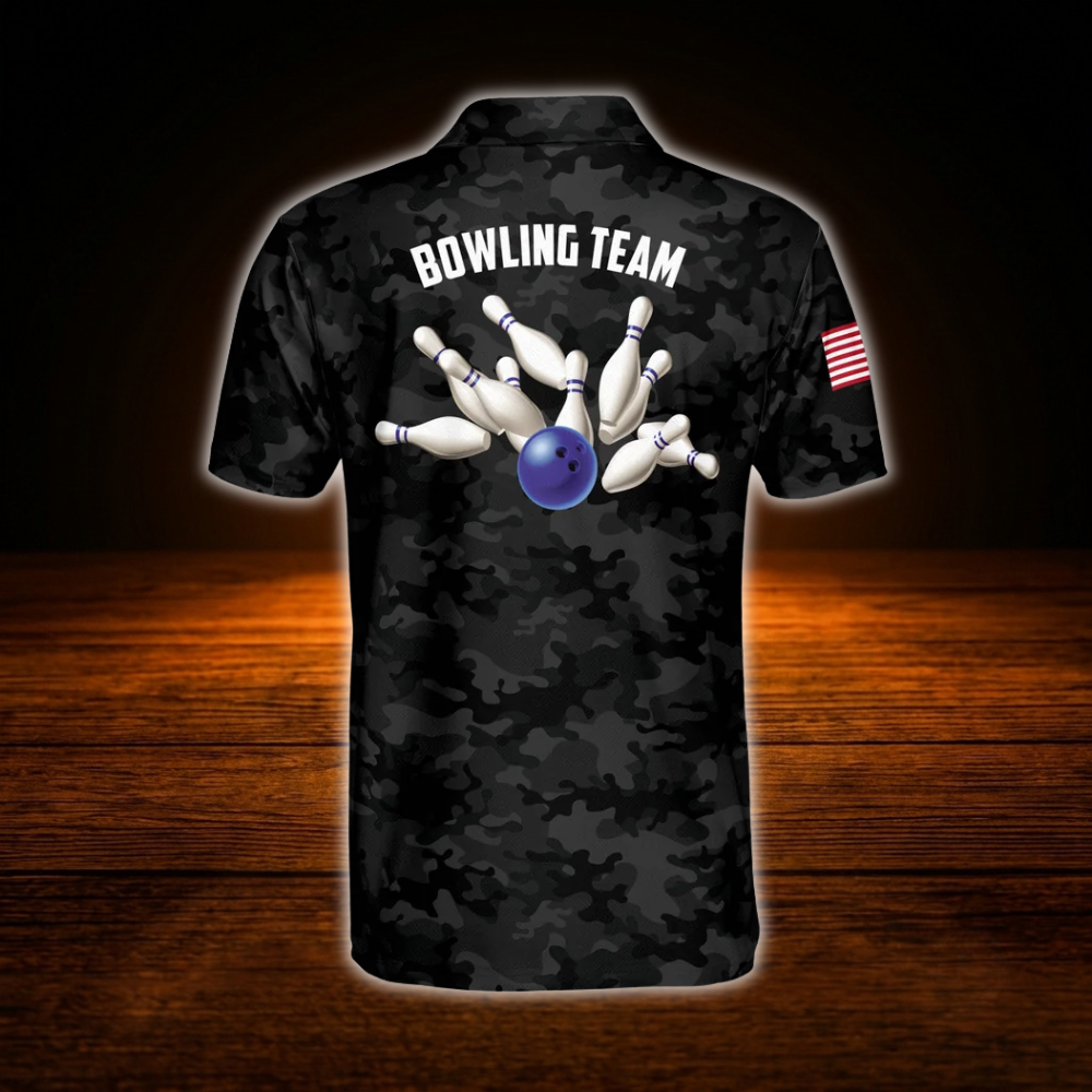 Custom Black Camo Bowling Polo Shirts For Men, Custom Camo Bowling Team Shirts
