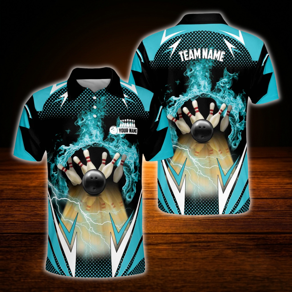 Custom Flame Black Polo Bowling Shirt For Men, Custom Flame Bowling Team Shirts