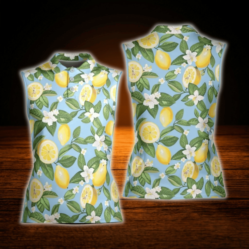 Lemon Floral Women's Sleeveless Golf Shirt, Lemon Golf Shirt For Ladies