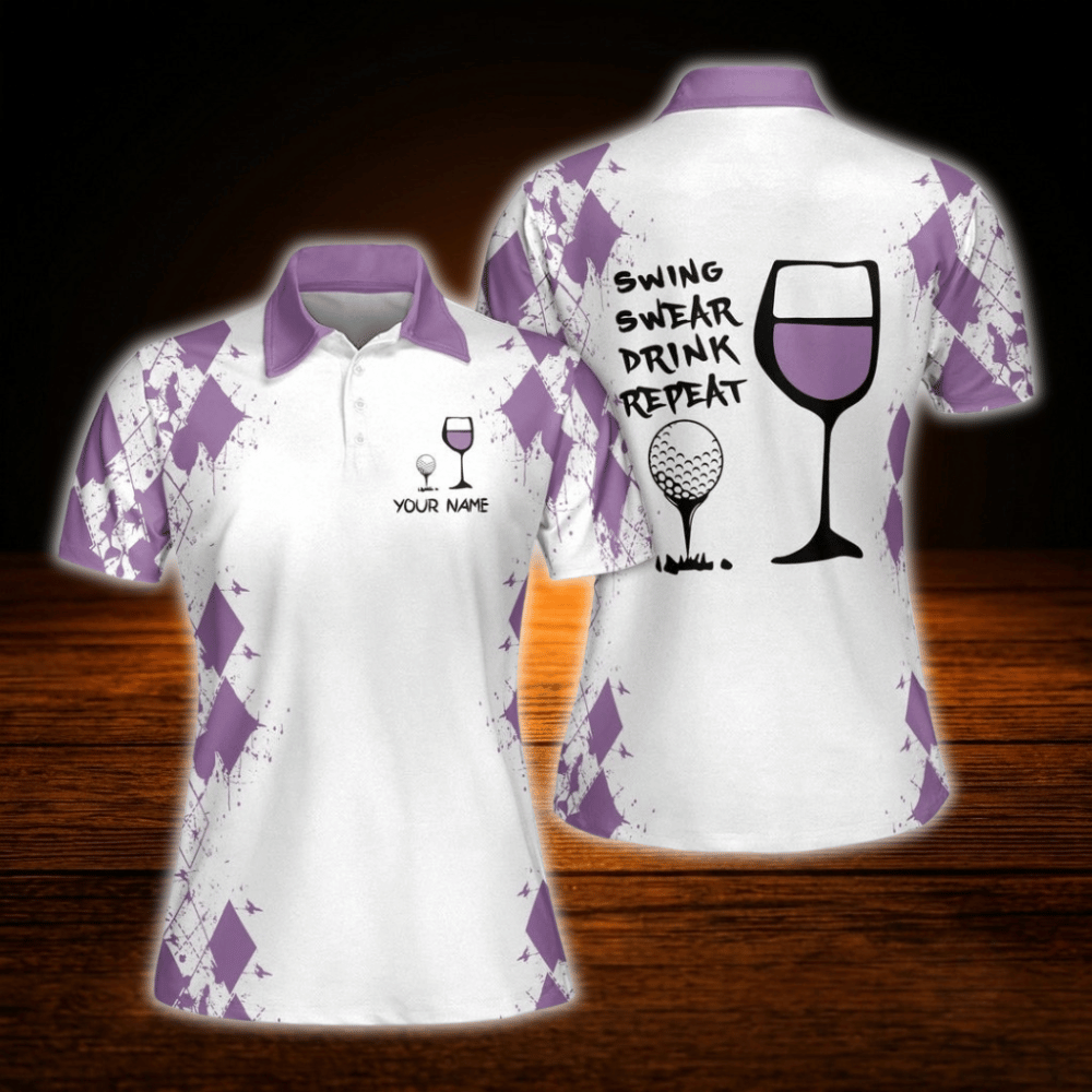 Personalized Swing Swear Drink Repeat Wine Women  Golf Polo Shirts, Custom Funny Golf Shirts For Ladies