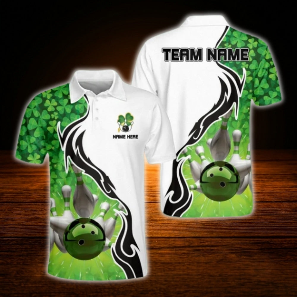 Custom Shamrock Bowling Mens Polo Shirt Green And White, Custom Patrick's Day Bowling Team Shirt
