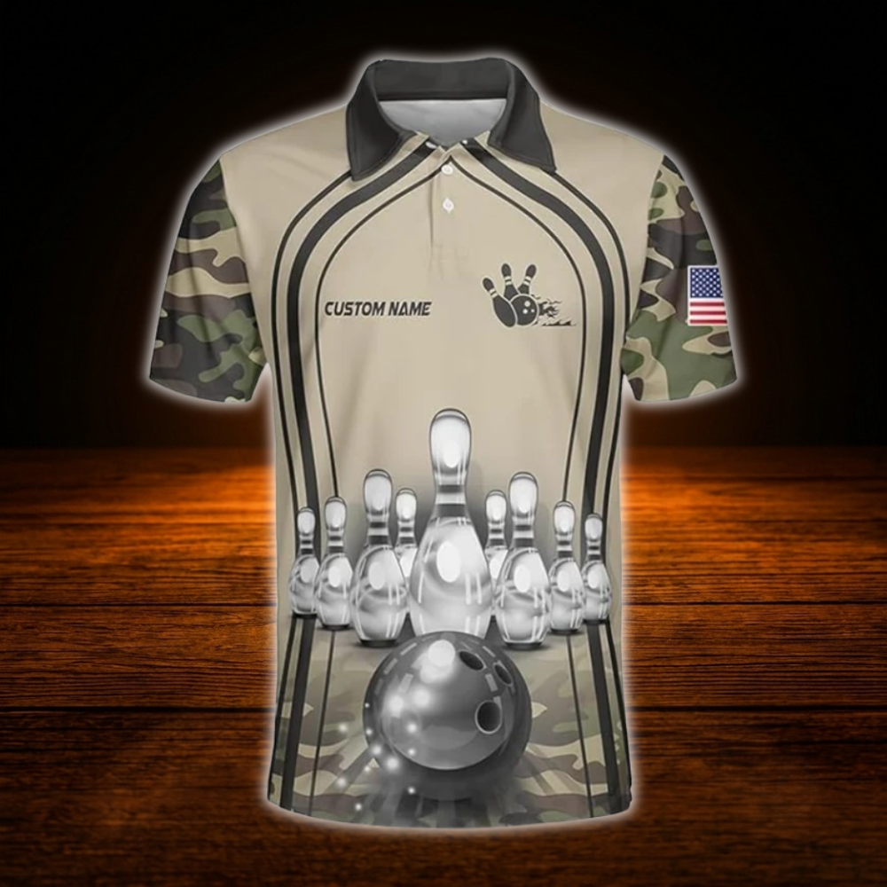 Custom Camoflage Mens Polo Bowling Shirts, Custom Camo Bowling Team Shirts