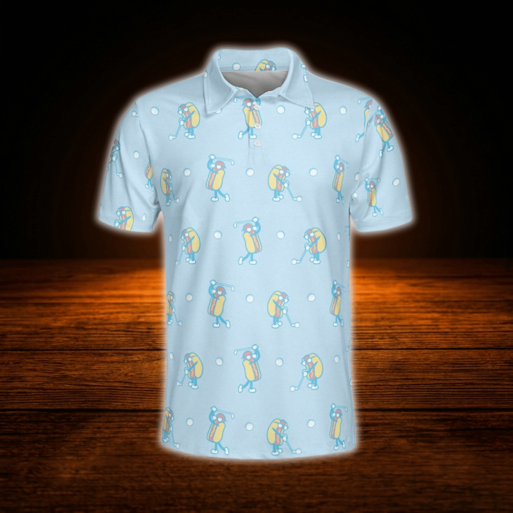 Funny Hot Dog Men's Light Blue Golf Polo Shirt, Hot Dog Golf Shirt