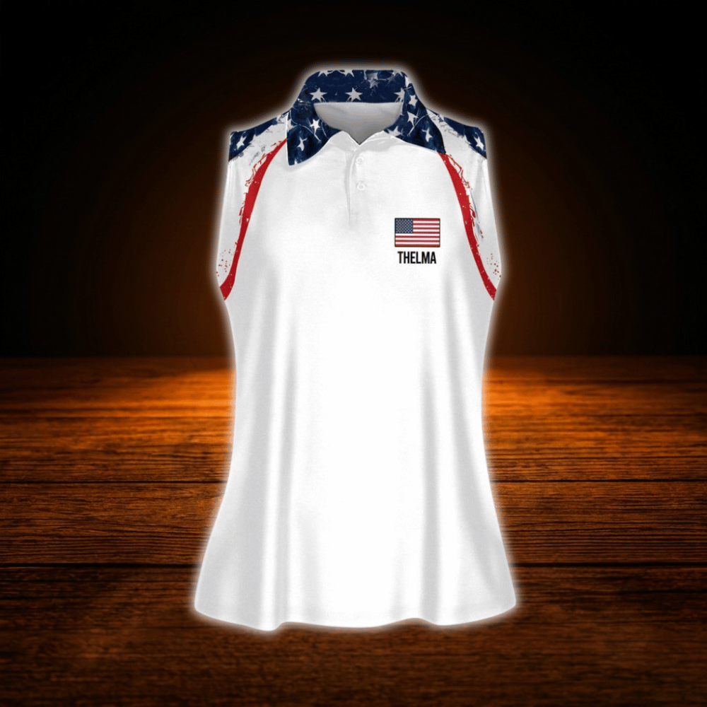Custom Women's Red White And Blue American Flag Sleeveless Golf Shirt, Custom  Ladies Patriotic Golf Shirts