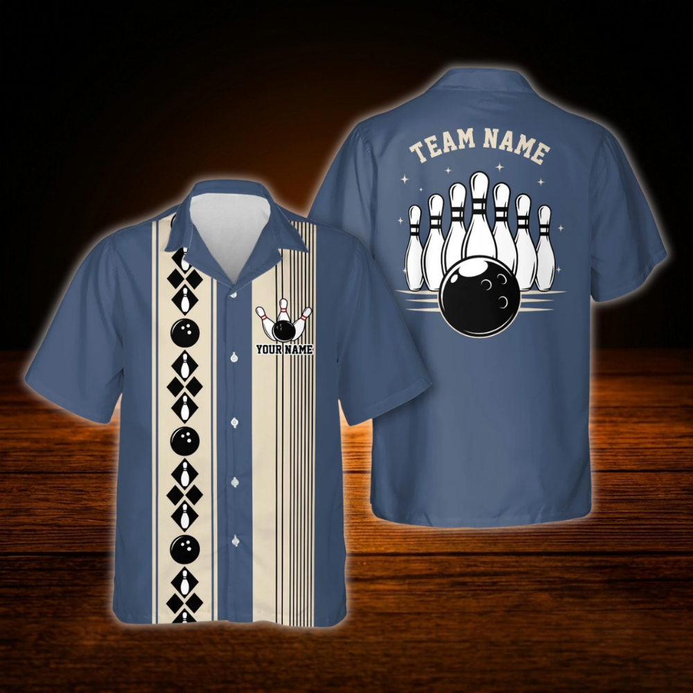 Custom Vintage Men Bowling Hawaiian Shirt Blue Beige, Custom Vintage Bowling Shirt For Team