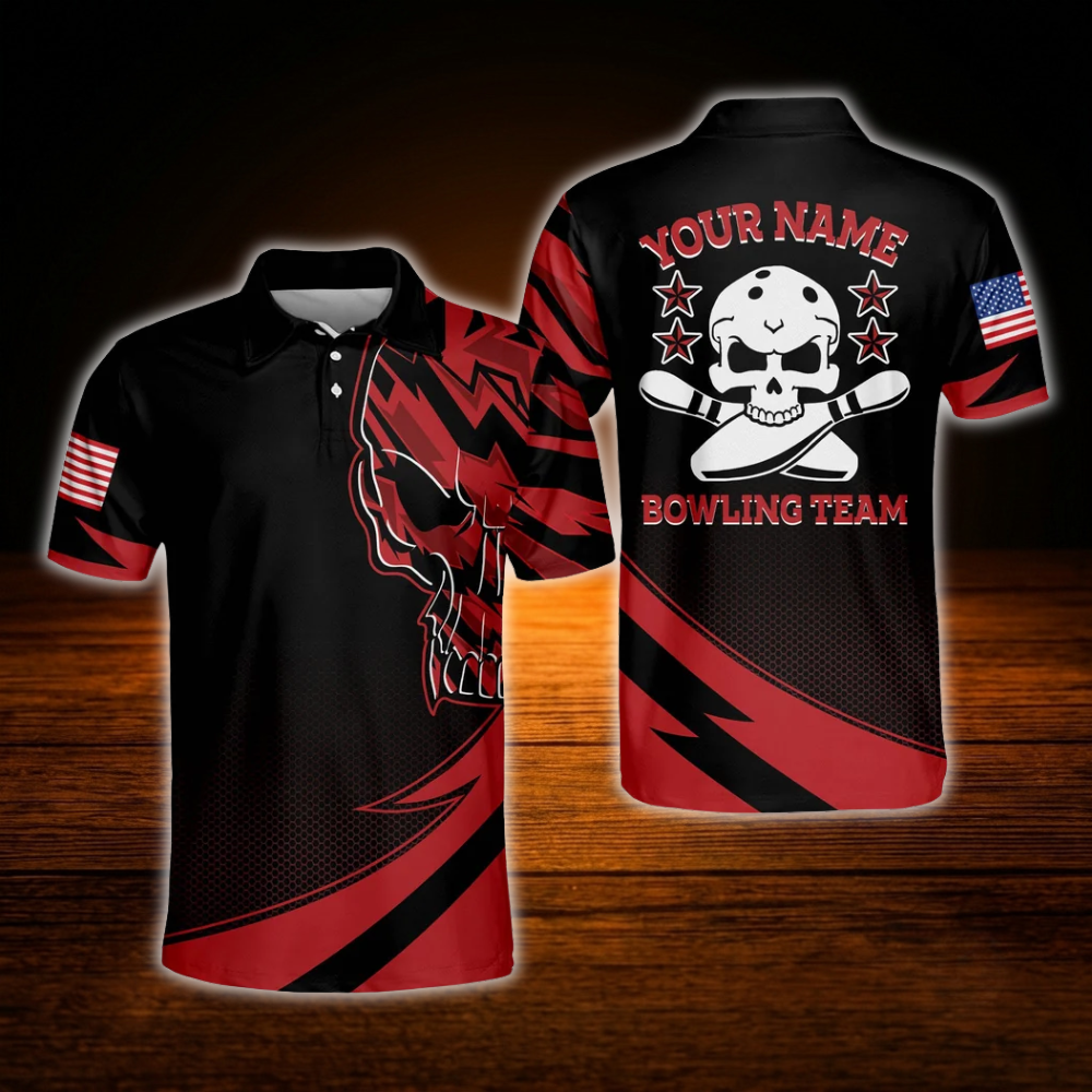 Custom Skull Purple Mens Bowling Polo Shirts, Custom Skull Bowling Team Shirts