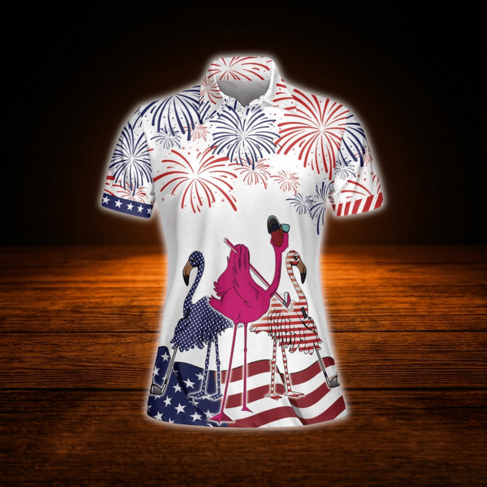 Flamingo USA Flag Golf Shirts For Women, 4th Of July Flamingo Golf Shirts For Ladies