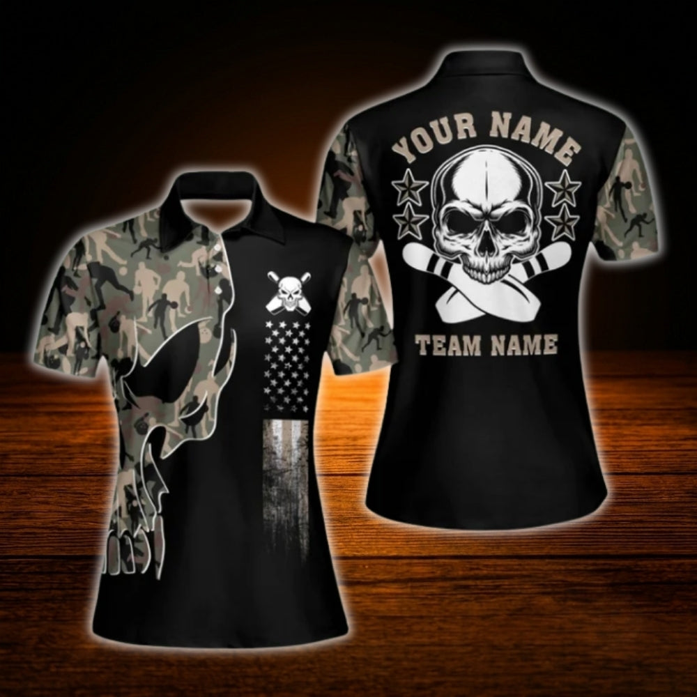 Skull Camouflage Custom Womens Bowling Polo Shirt, Custom Skull Ladies Bowling Team Shirt