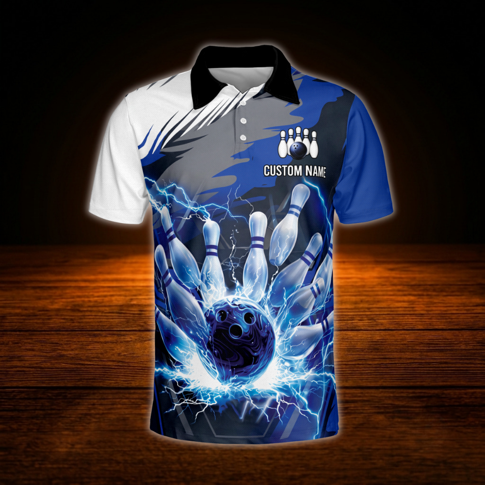 Custom Team Thunder Mens Blue Bowling Polo Shirt, Custom Bowling Team Shirts