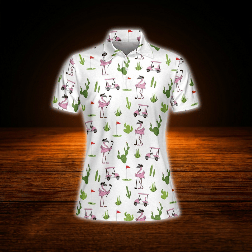 Flamingo Cactus Ladies Golf Polo Shirt, Flamingo Golf Shirt For Women