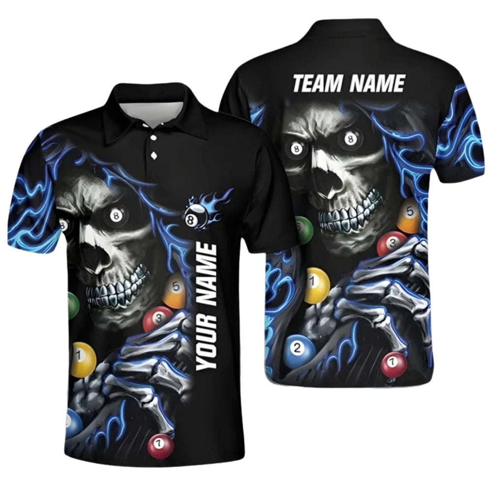Custom Blue Skull Mens Billiard Polo Shirt, Custom Skull Billiard Team Shirts BIZ0009