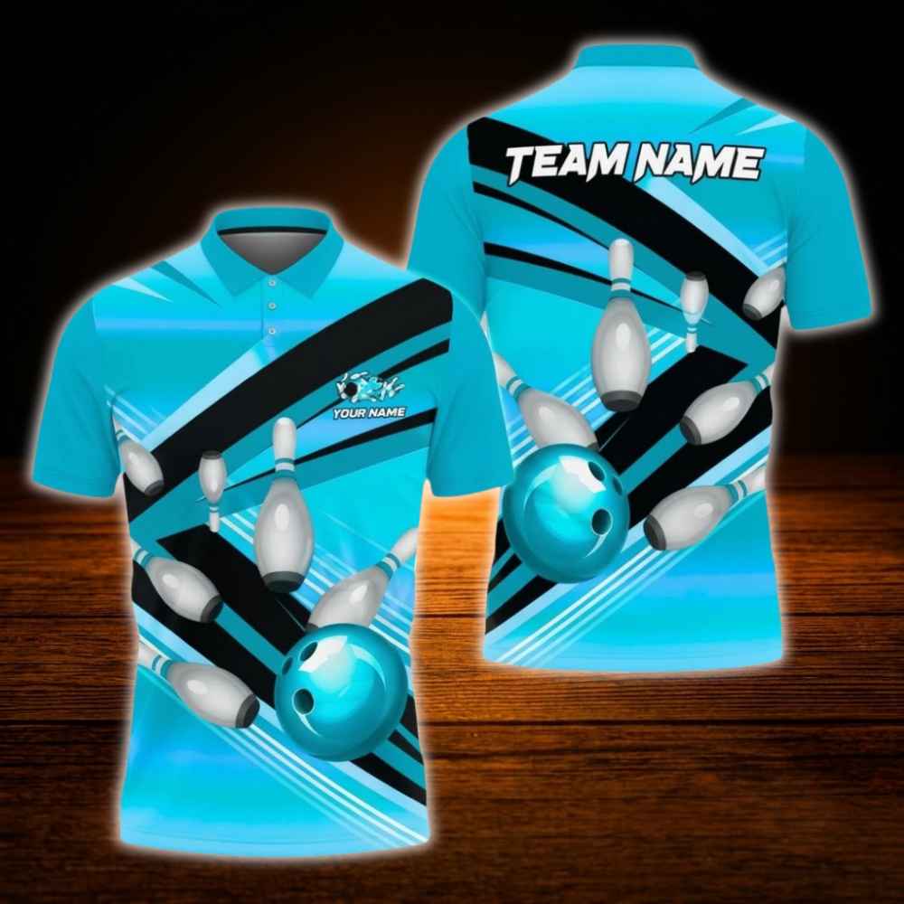 Custom Blue Bowling Team Polo Shirt For Men, Custom Bowling Shirt