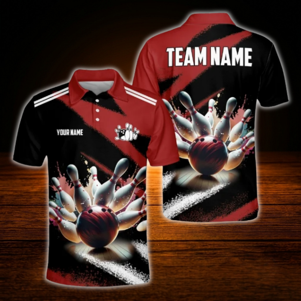 Custom Team Red Black Bowling Polo Shirt, Custom Bowling Team Shirt