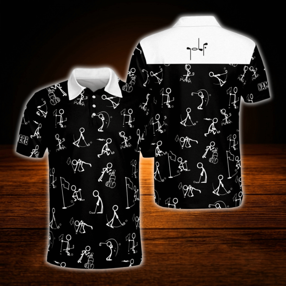 Custom Stickfigures White And Black Golf Polo Shirts For Men, Custom Funny Golf Shirt