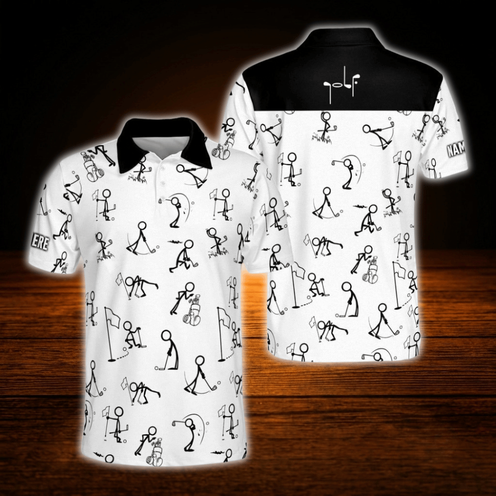 Custom Stickfigures White And Black Golf Polo Shirts For Men, Custom Funny Golf Shirt