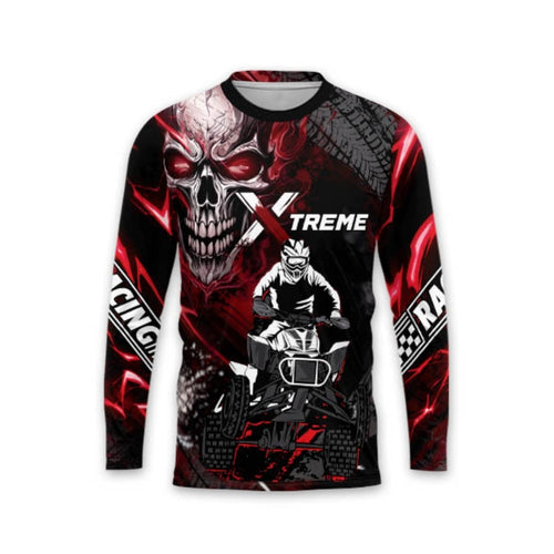 ATV Motocross Custom Skull Black Red Long Sleeve Jersey For Men, Custom Skull ATV Dirt Bike Shirt
