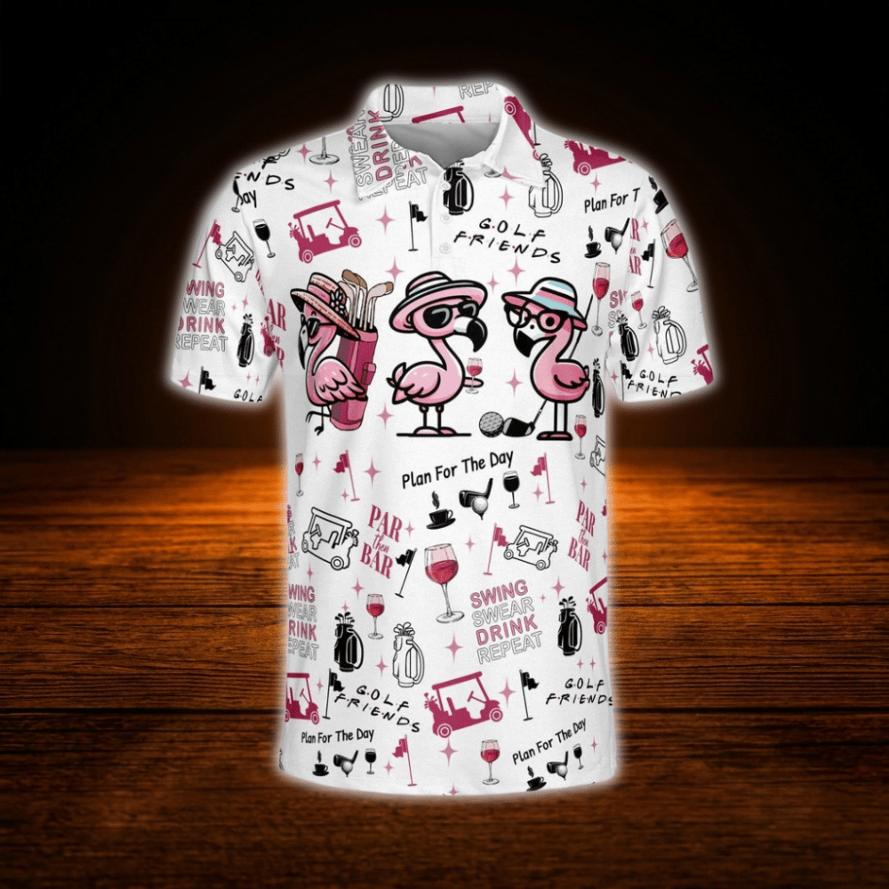 Flamingo Par Then Bar Men's Polo Golf Shirt, Flamingo Drinking Golf Shirt