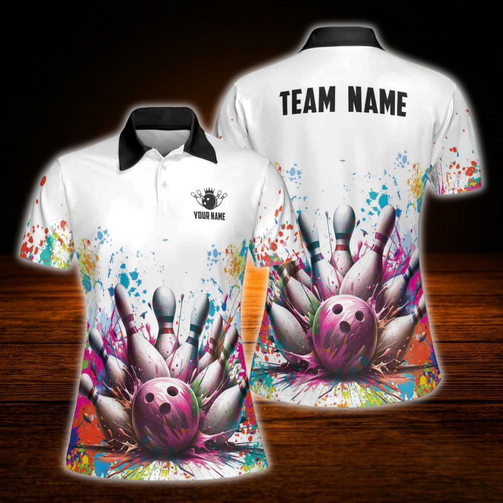 Colorful Pins And Ball Custom Team Bowling Shirt For Ladies, Women's Custom Bowling Team Shirt