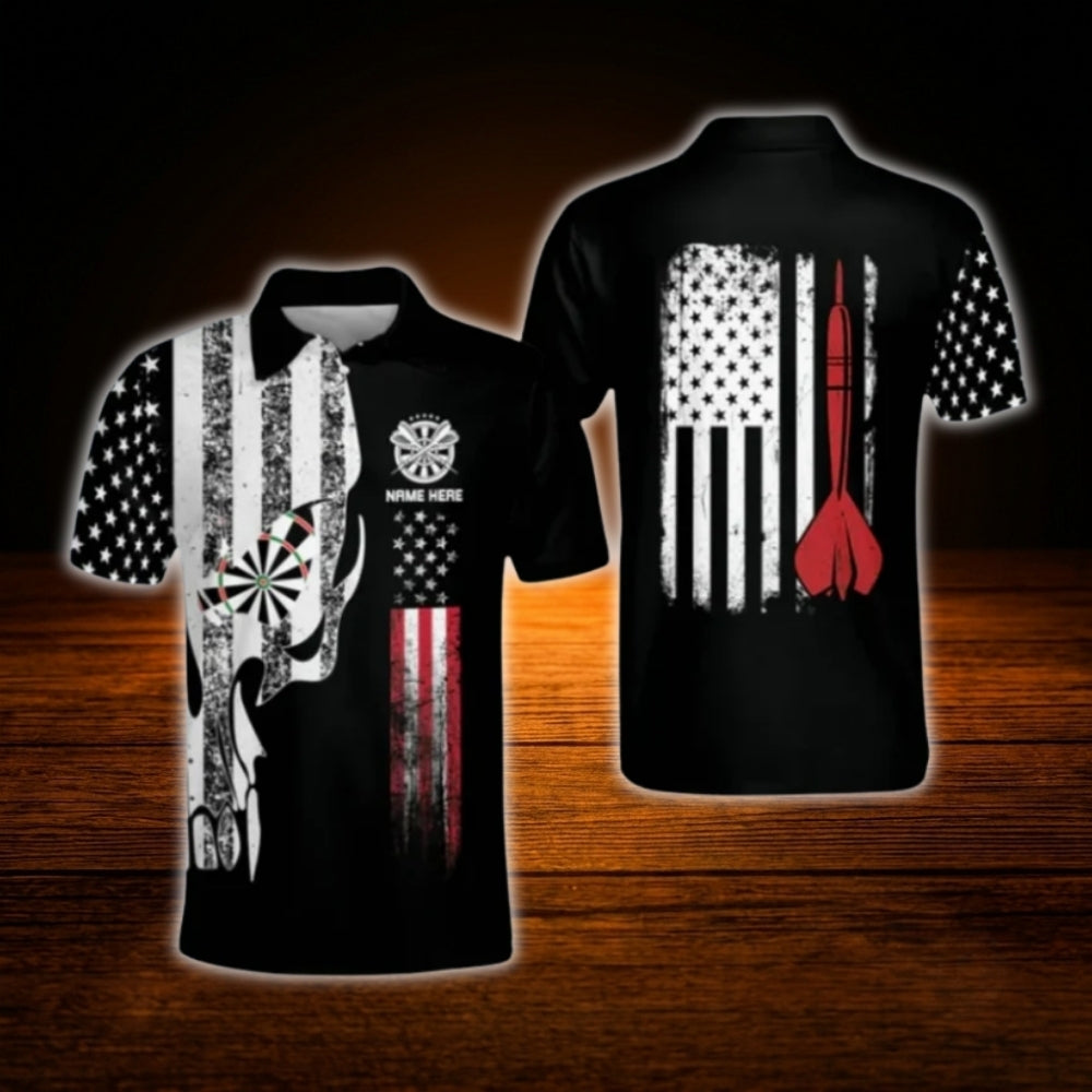 Custom Skull USA Flag Darts Men Polo Shirt, Custom Skull Darts Shirt