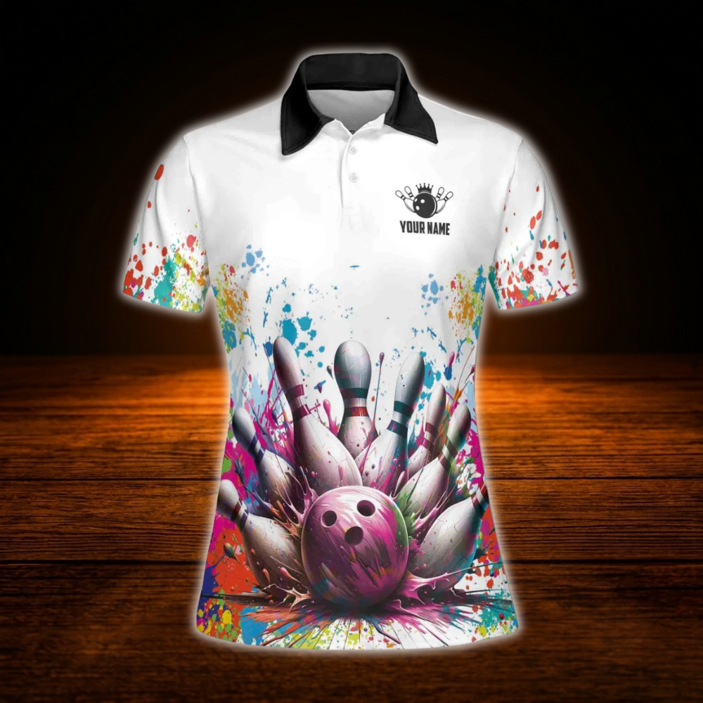 Colorful Pins And Ball Custom Team Bowling Shirt For Ladies, Women's Custom Bowling Team Shirt