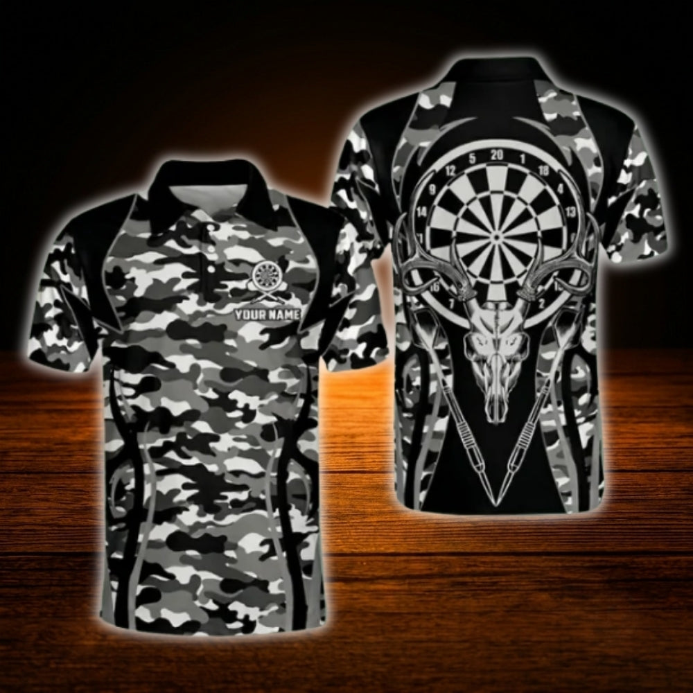 Custom Camouflage Black Grey Darts Polo Shirt Men, Custom Camo Dart Shirt