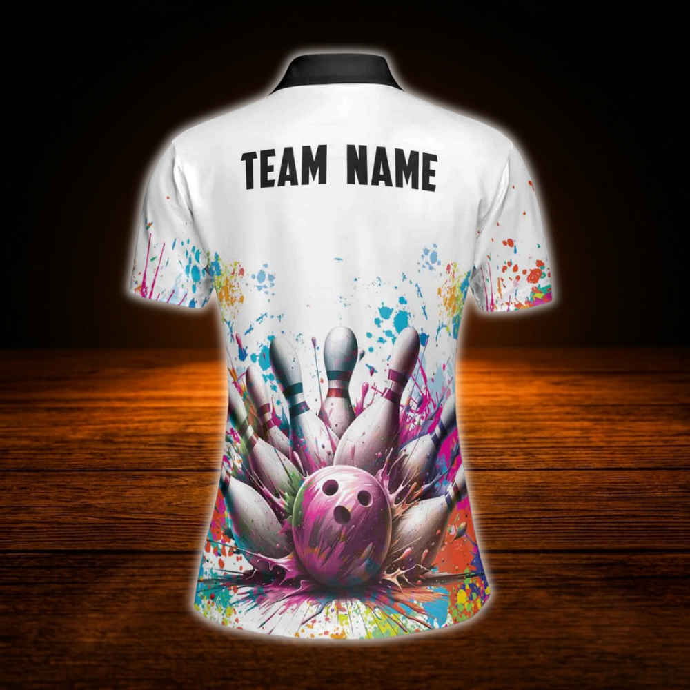 Colorful Pins And Ball Custom Team Bowling Shirt For Ladies, Women's Custom Bowling Team Shirt