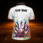Colorful Pins And Ball Custom Team Bowling Shirt For Ladies, Women's Custom Bowling Team Shirt