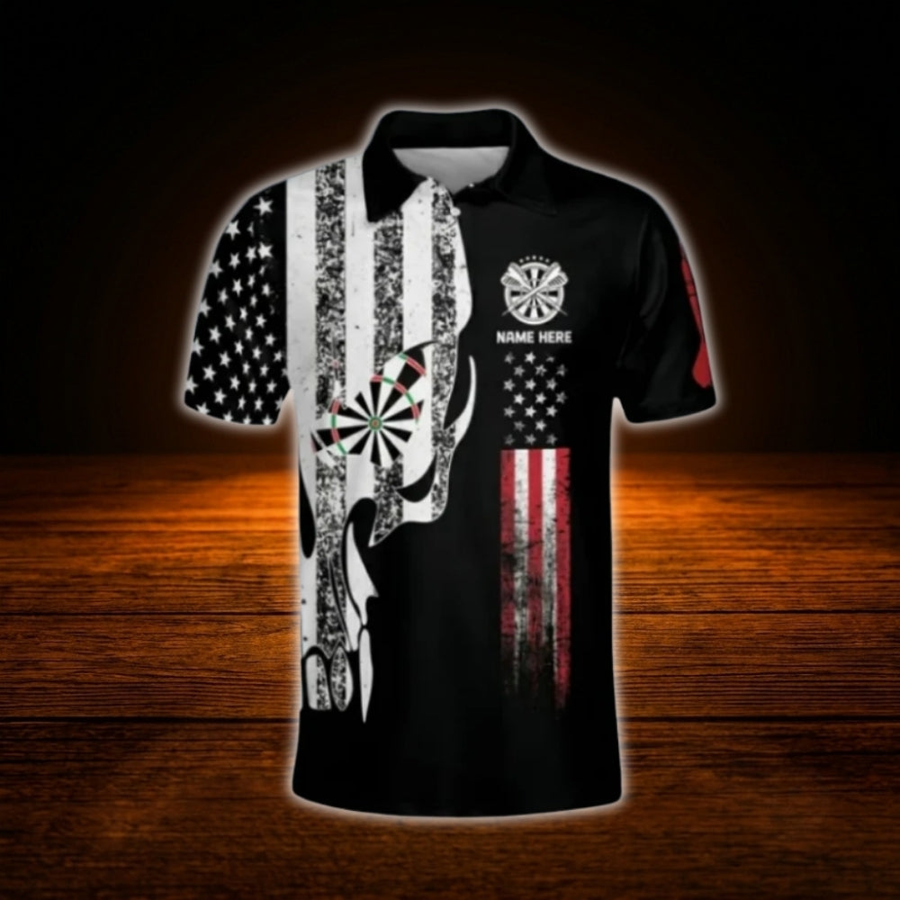 Custom Skull USA Flag Darts Men Polo Shirt, Custom Skull Darts Shirt