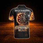 Hello Darkness My Old Friend I've Come To Play With You Again Custom Skull Flame Darts Polo Shirt, Custom Funny Skull Dart Shirt