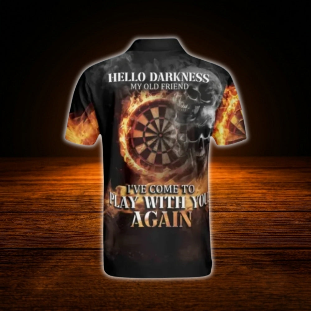 Hello Darkness My Old Friend I've Come To Play With You Again Custom Skull Flame Darts Polo Shirt, Custom Funny Skull Dart Shirt