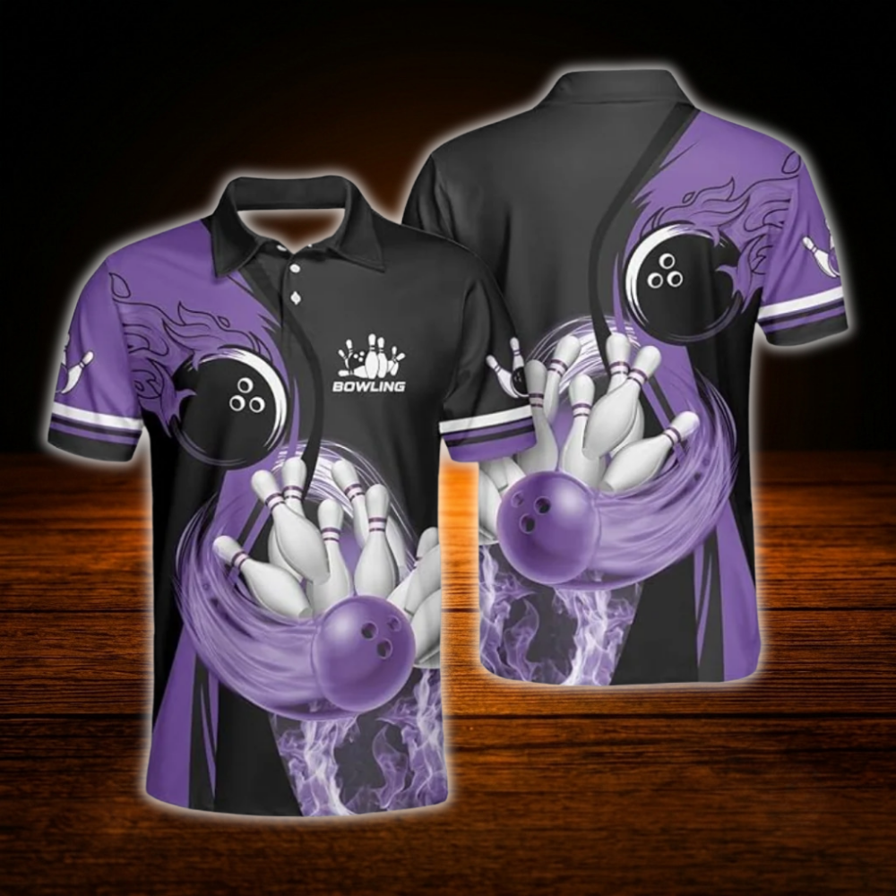 Purple Flame Custom Mens Bowling Polo Shirt, Custom Flame Bowling Shirt For Team