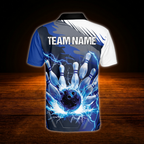 Custom Team Thunder Mens Blue Bowling Polo Shirt, Custom Bowling Team Shirts