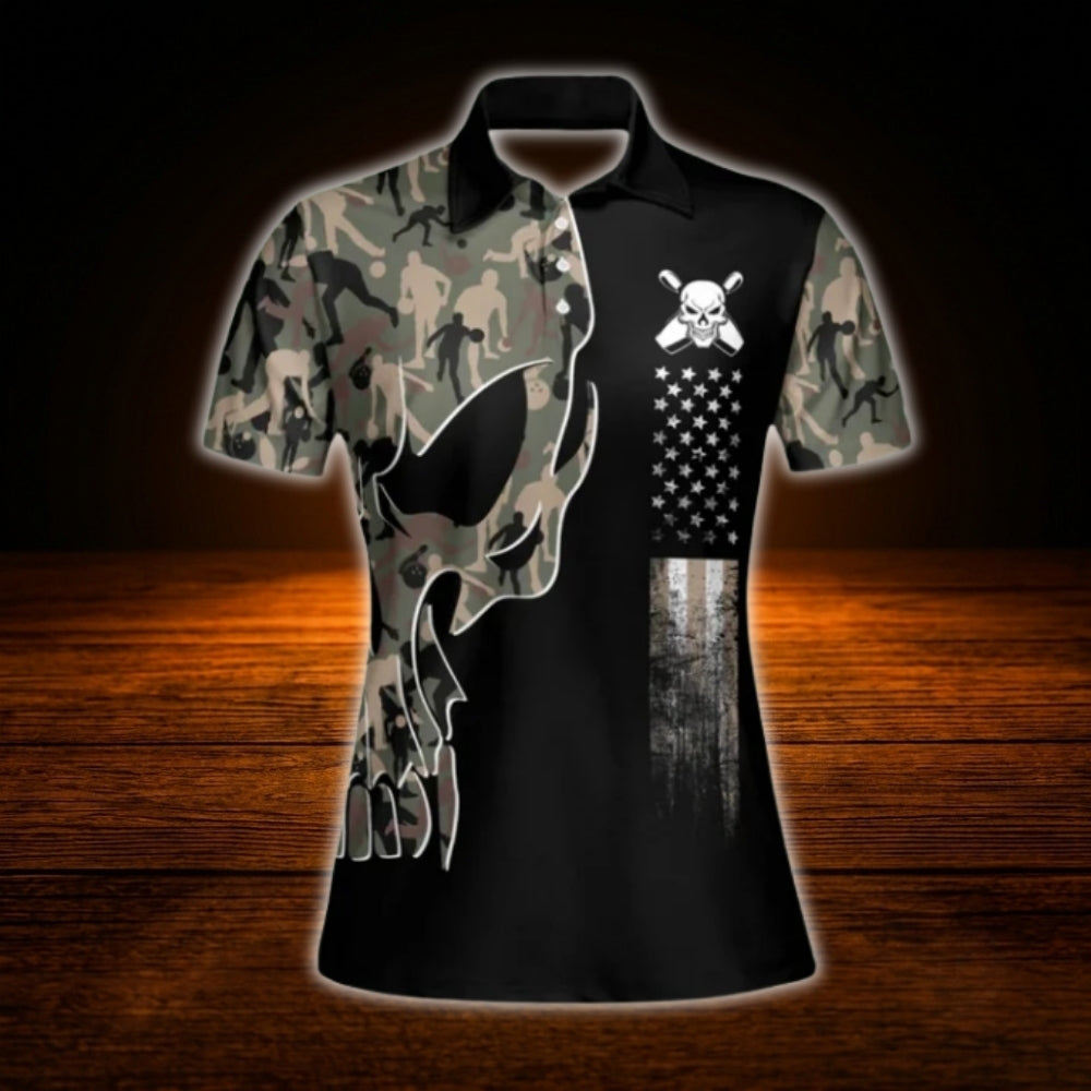 Skull Camouflage Custom Womens Bowling Polo Shirt, Custom Skull Ladies Bowling Team Shirt