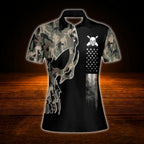 Skull Camouflage Custom Womens Bowling Polo Shirt, Custom Skull Ladies Bowling Team Shirt