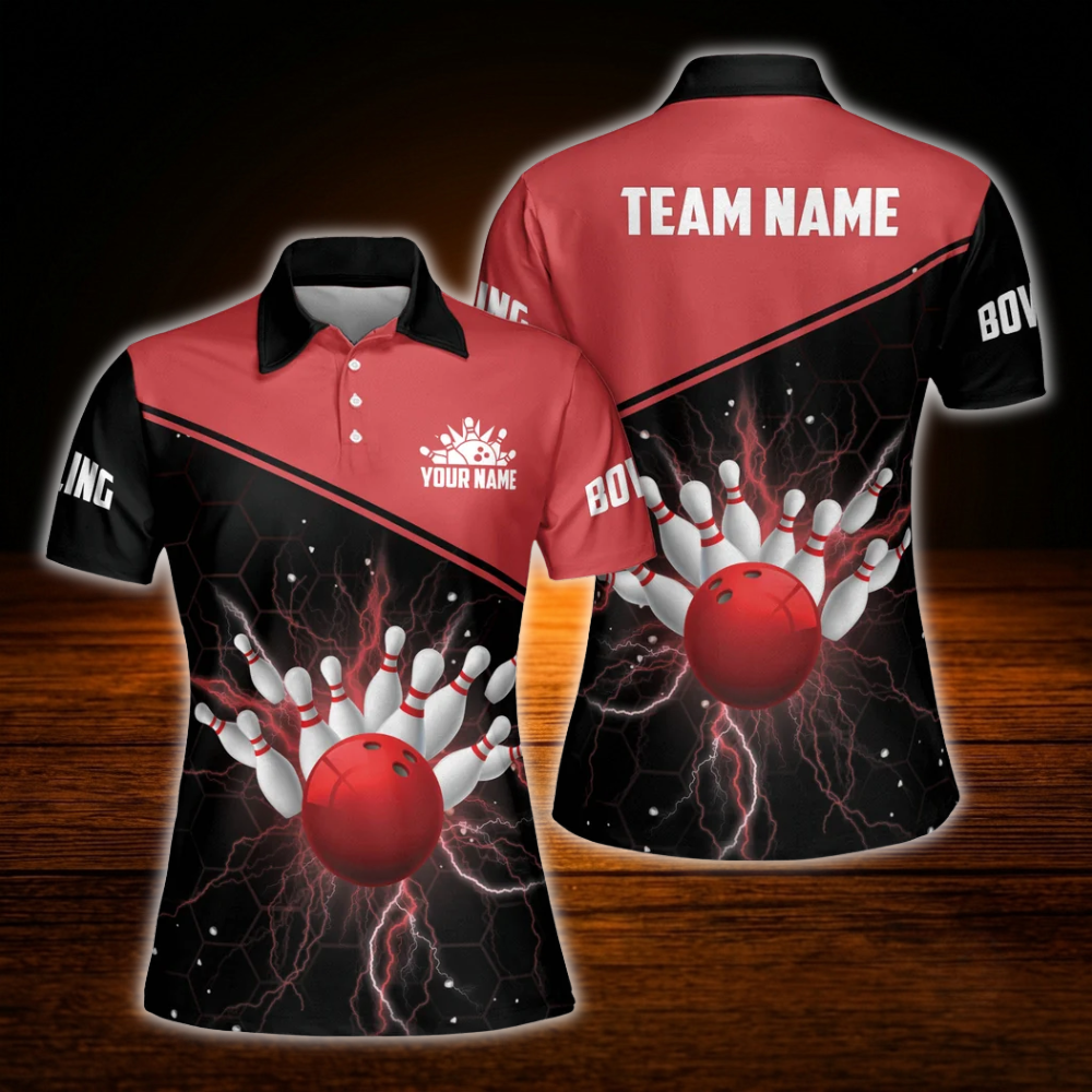 Custom Thunder Red Black Polo Bowling Shirts Women, Custom Thunder Bowling Team Shirts For Women